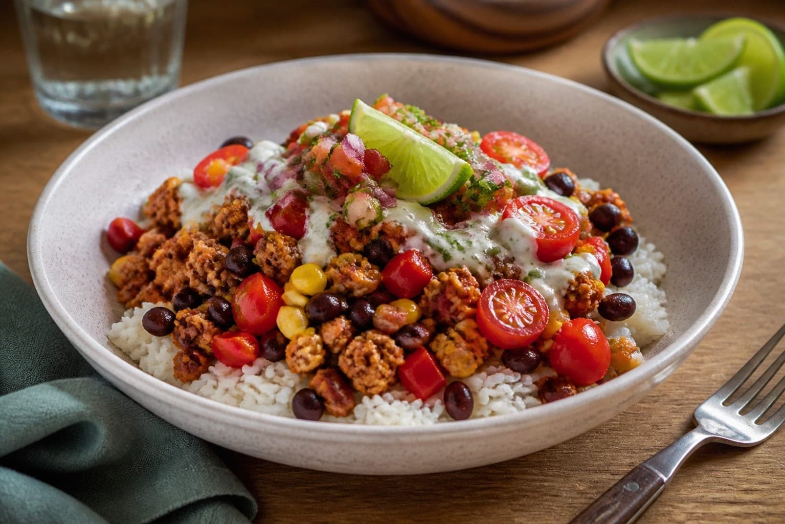 Turkey Black Bean Taco Rice Bowls with Lime Salsa plated and ready to serve.