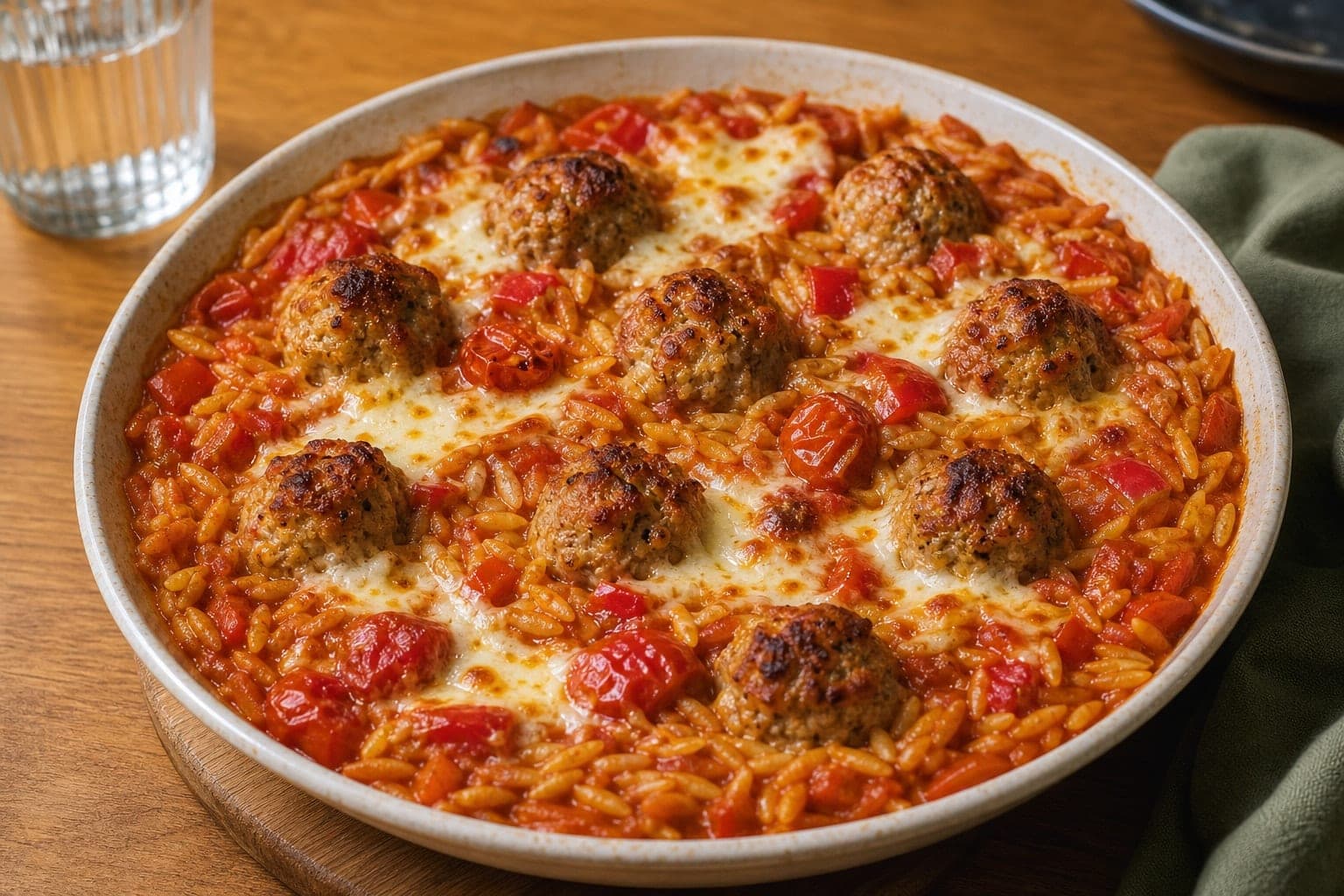 Turkey Meatball Pepper Orzo with Tomato Sauce plated and ready to serve.