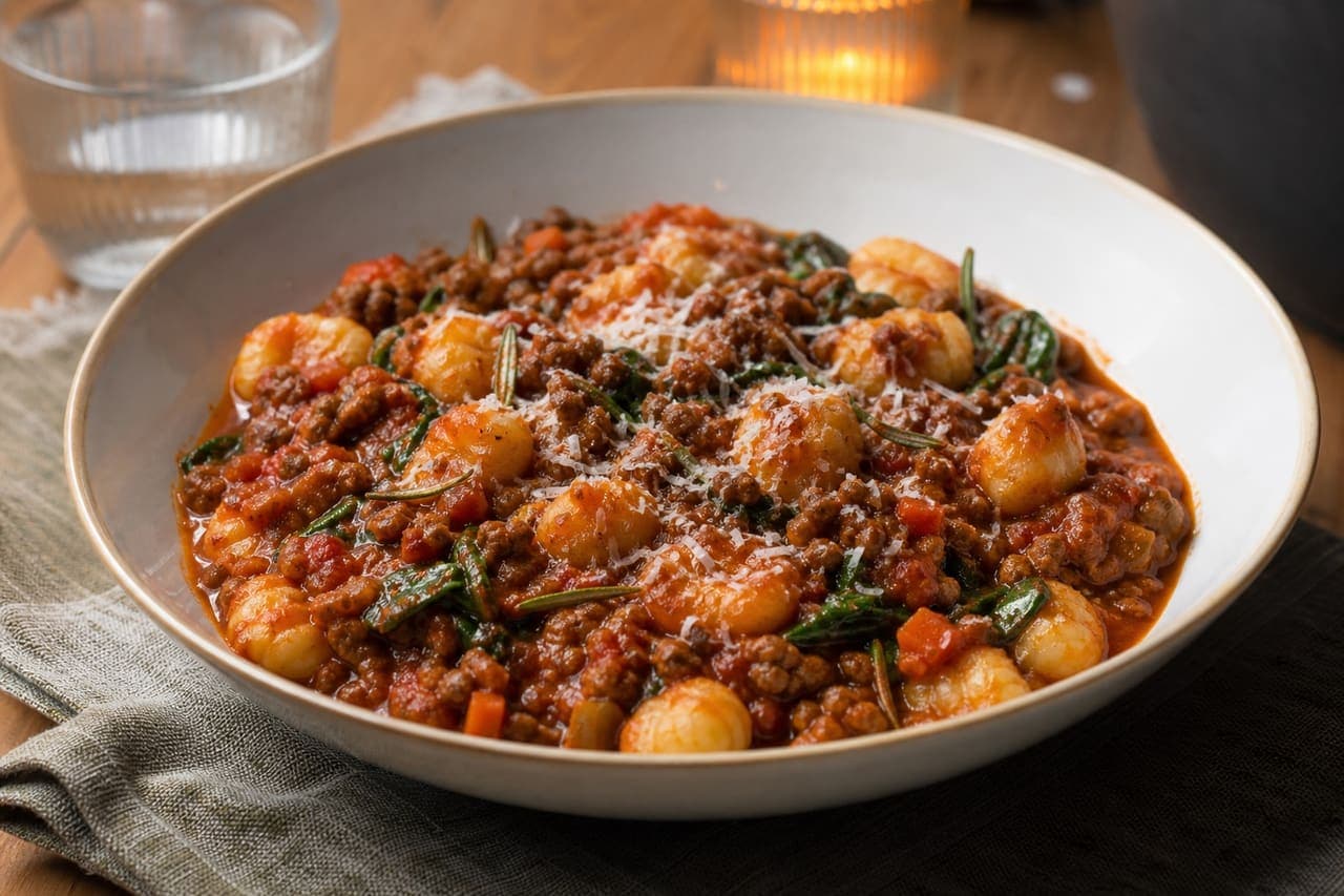 Saucy Beef Ragu Gnocchi with Rosemary and Spinach.