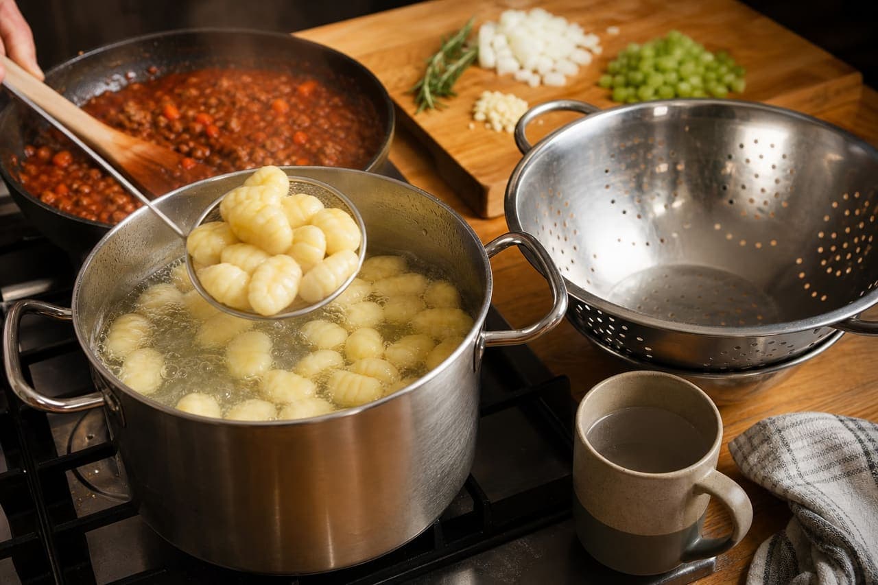 Saucy Beef Ragu Gnocchi with Rosemary and Spinach cooking step 5: Cook the gnocchi.