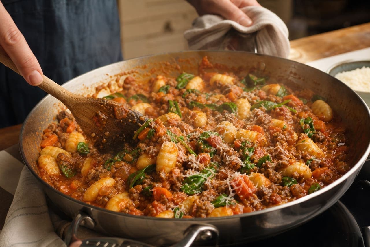 Saucy Beef Ragu Gnocchi with Rosemary and Spinach cooking step 6: Fold and finish.