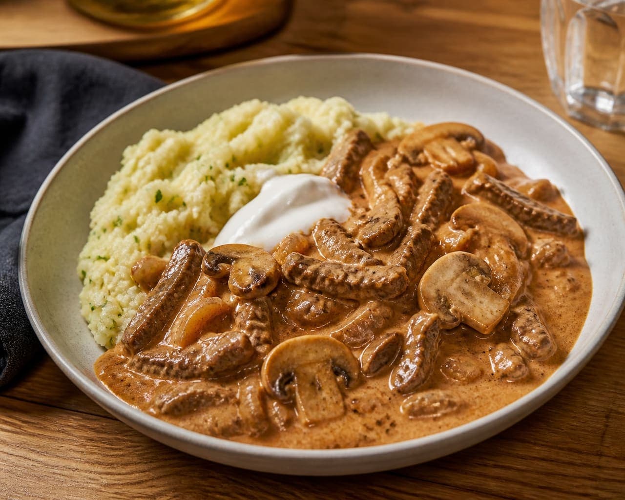 Creamy Beef Stroganoff with Mushrooms and Herby Mash.