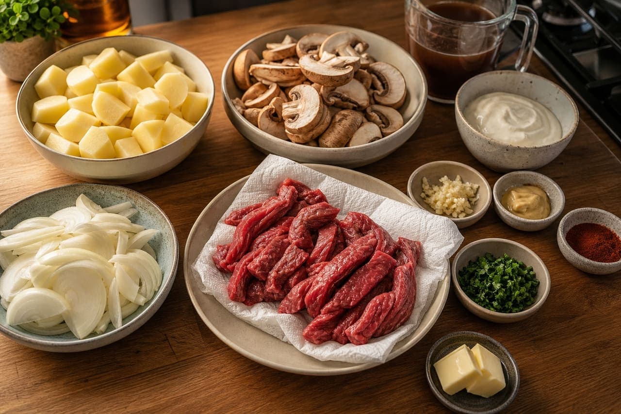 Creamy Beef Stroganoff with Mushrooms and Herby Mash cooking step 1: Prepare the ingredients.
