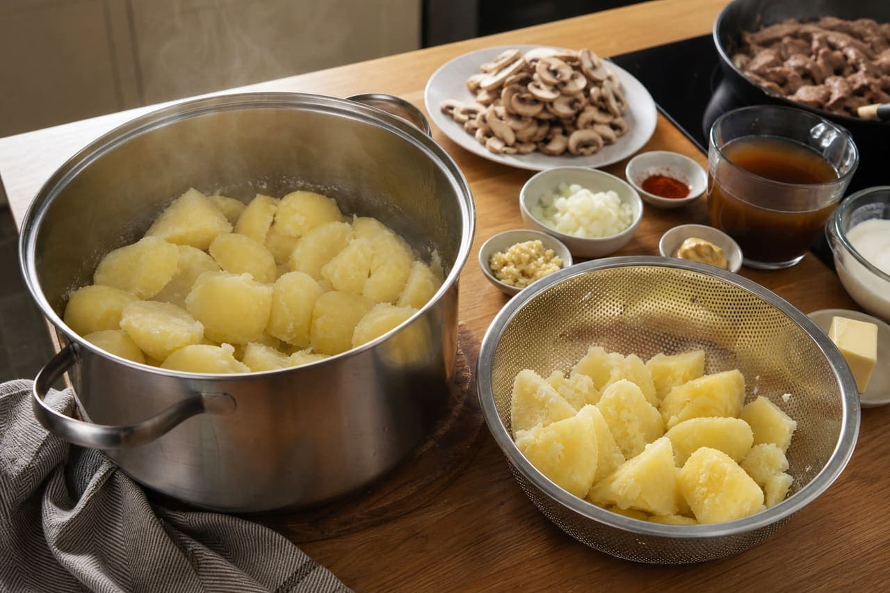 Creamy Beef Stroganoff with Mushrooms and Herby Mash cooking step 2: Boil the potatoes.