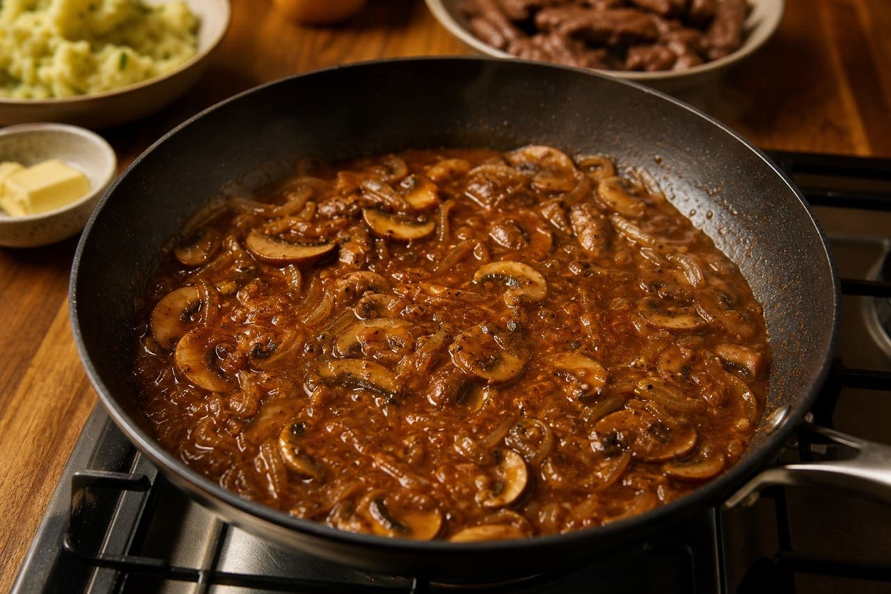 Creamy Beef Stroganoff with Mushrooms and Herby Mash cooking step 4: Cook the mushroom sauce.