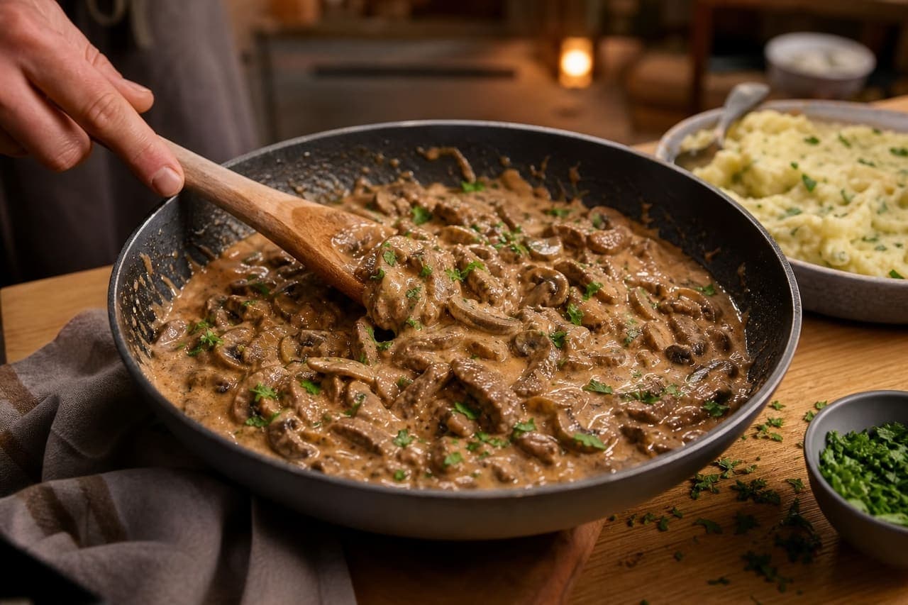 Creamy Beef Stroganoff with Mushrooms and Herby Mash cooking step 6: Finish off the heat.