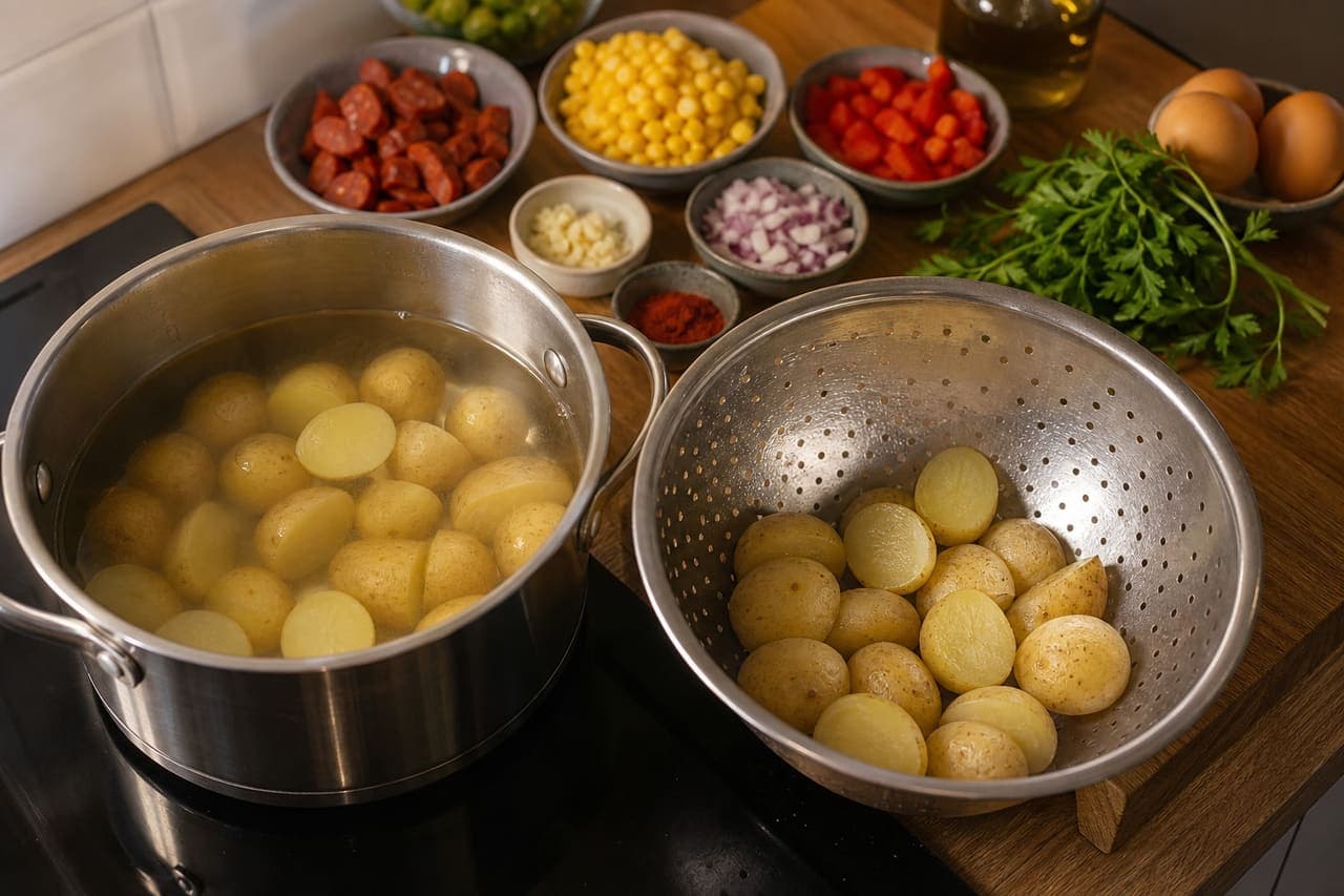 Smoky Chorizo Sweetcorn Potato Hash with Eggs and Parsley cooking step 1: Parboil the potatoes.