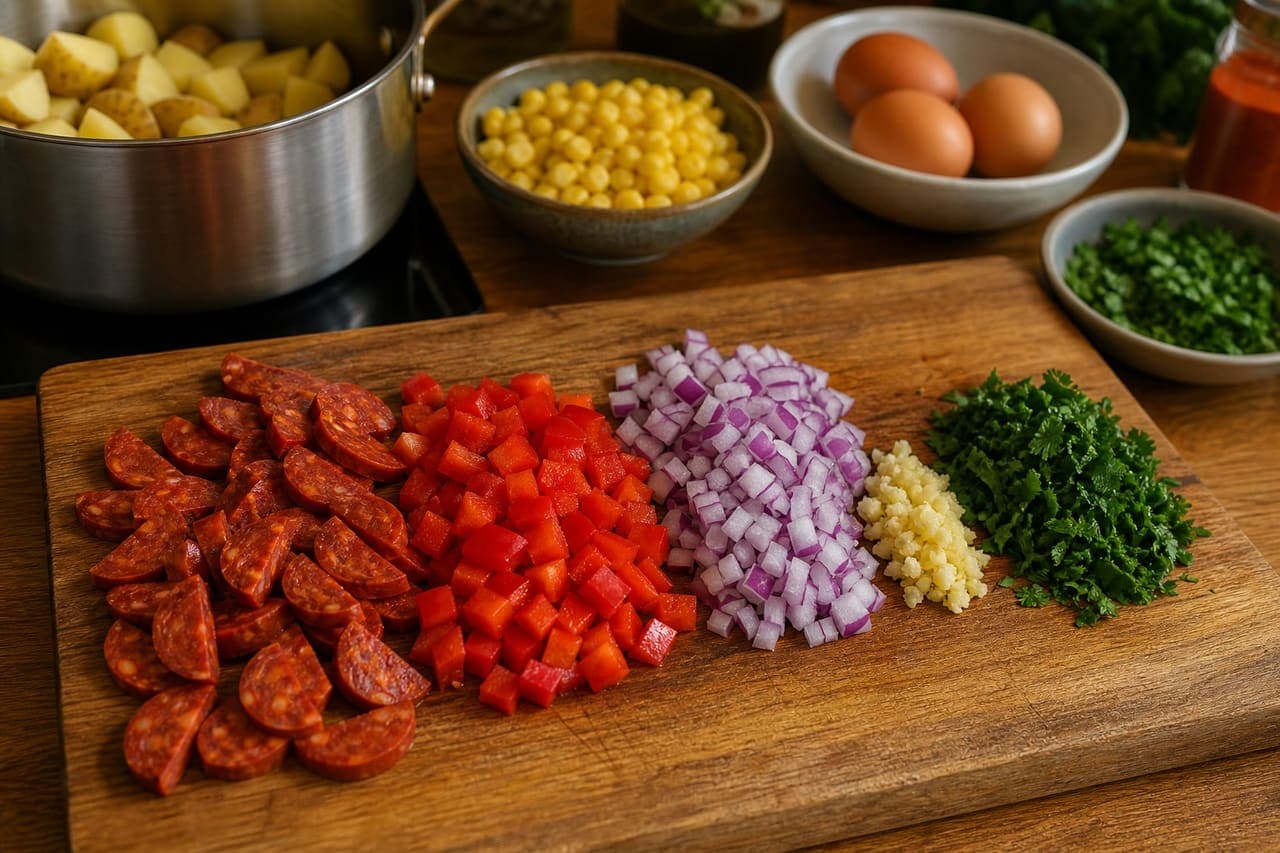 Smoky Chorizo Sweetcorn Potato Hash with Eggs and Parsley cooking step 2: Prepare the hash base.