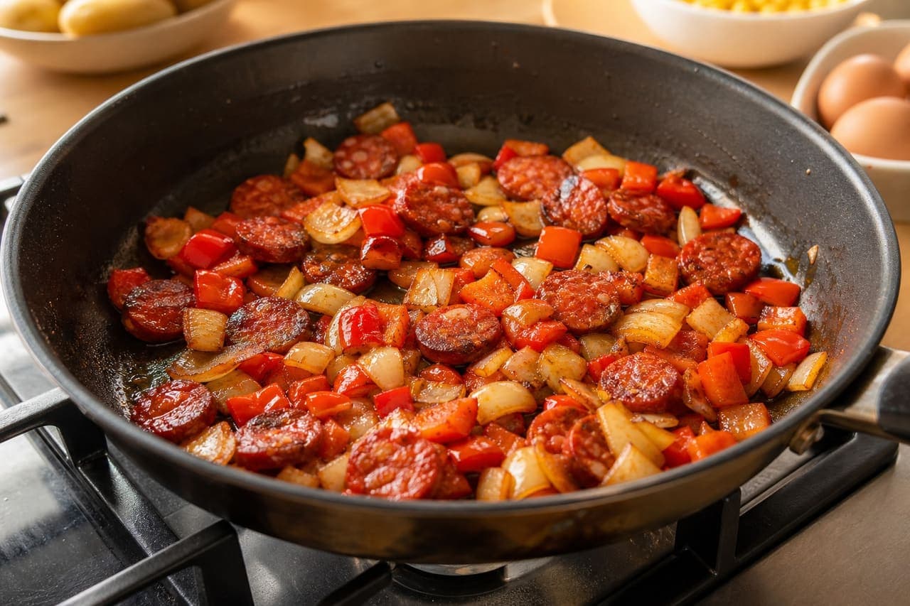 Smoky Chorizo Sweetcorn Potato Hash with Eggs and Parsley cooking step 3: Crisp the chorizo and vegetables.