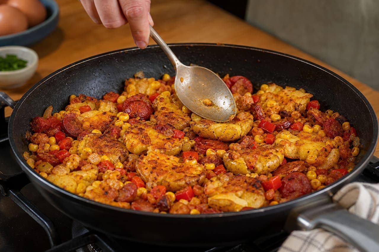 Smoky Chorizo Sweetcorn Potato Hash with Eggs and Parsley cooking step 4: Crisp the potatoes.