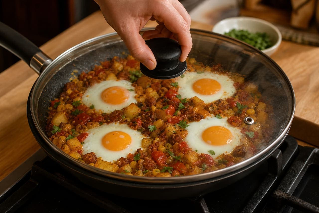 Smoky Chorizo Sweetcorn Potato Hash with Eggs and Parsley cooking step 5: Set the eggs.