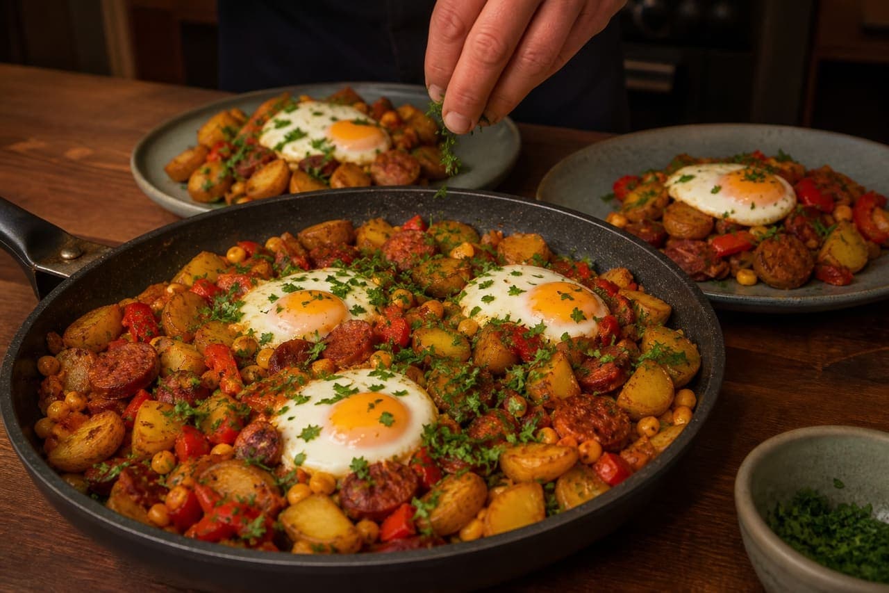 Smoky Chorizo Sweetcorn Potato Hash with Eggs and Parsley cooking step 6: Finish with parsley.