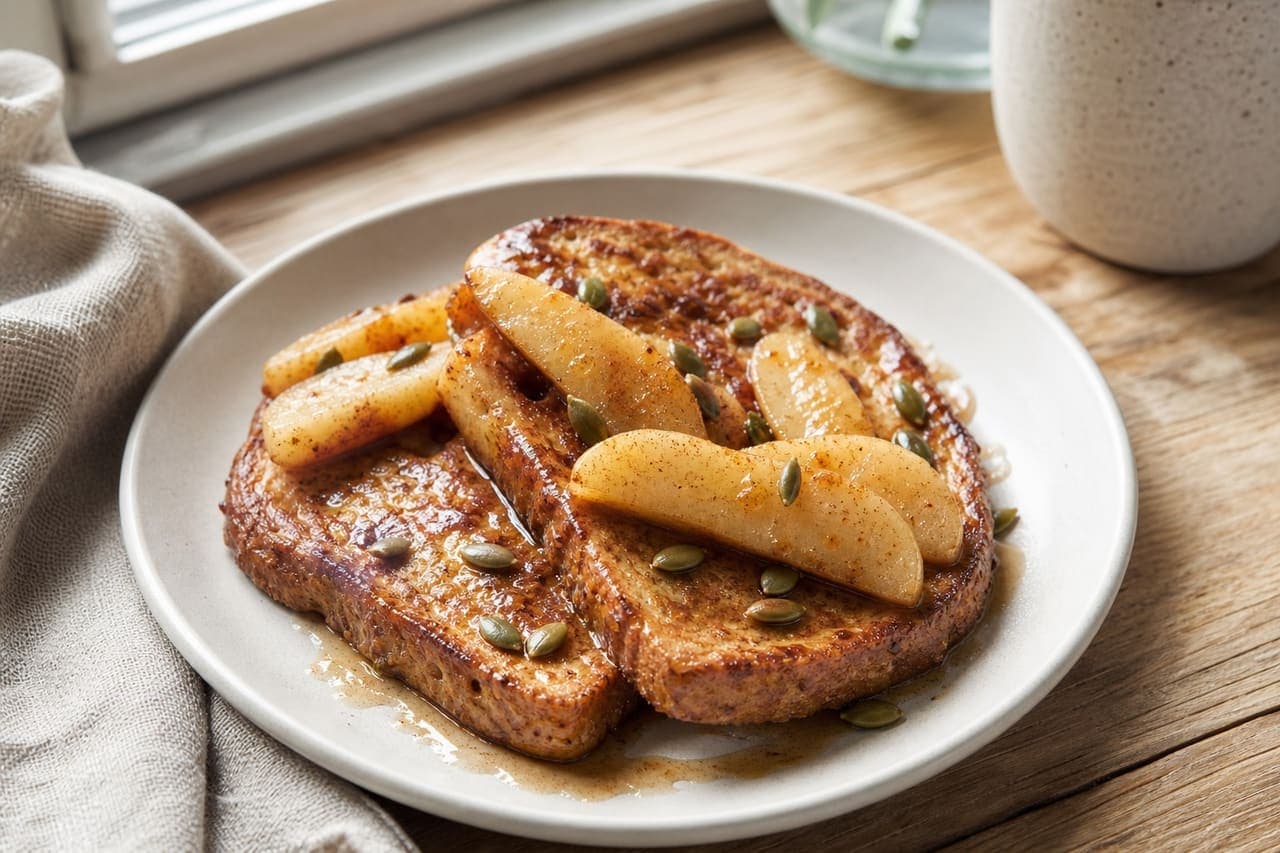 Crisp Cinnamon French Toast with Warm Pear and Maple.