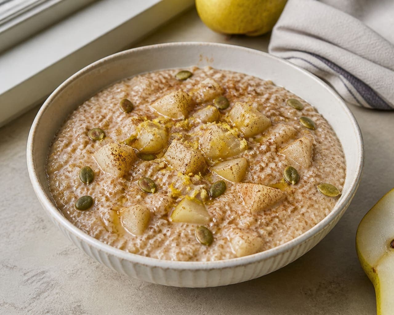 Creamy Cinnamon Pear Quinoa Porridge with Pumpkin Seeds.