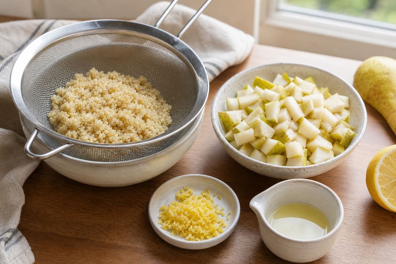 Creamy Cinnamon Pear Quinoa Porridge with Pumpkin Seeds cooking step 1: Prepare the pear and quinoa.