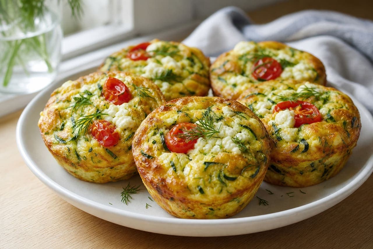 Golden Courgette Feta Breakfast Muffins with Dill and Tomato.