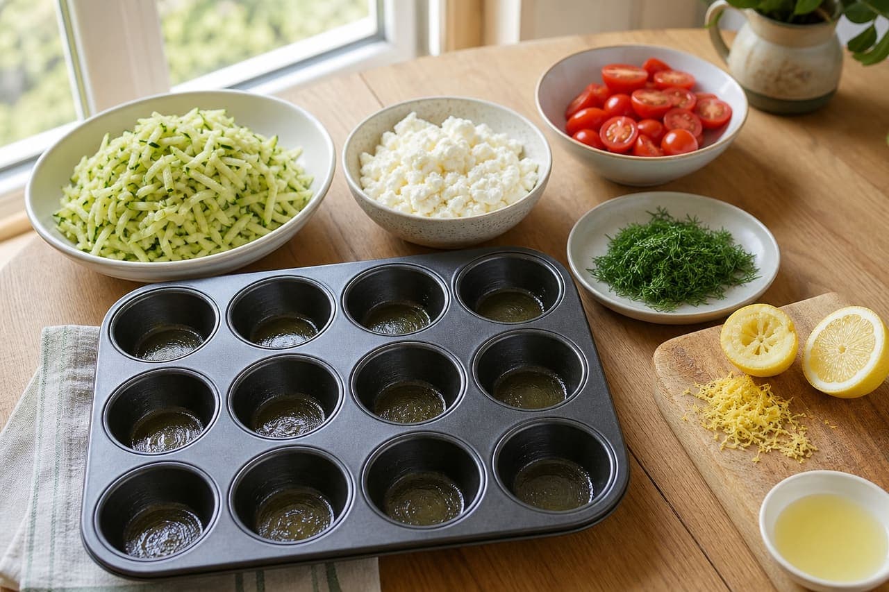 Golden Courgette Feta Breakfast Muffins with Dill and Tomato cooking step 1: Heat the oven and prep.