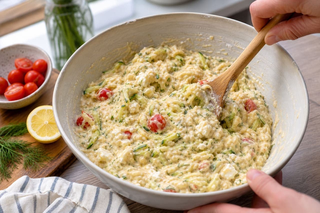 Golden Courgette Feta Breakfast Muffins with Dill and Tomato cooking step 3: Mix the batter.