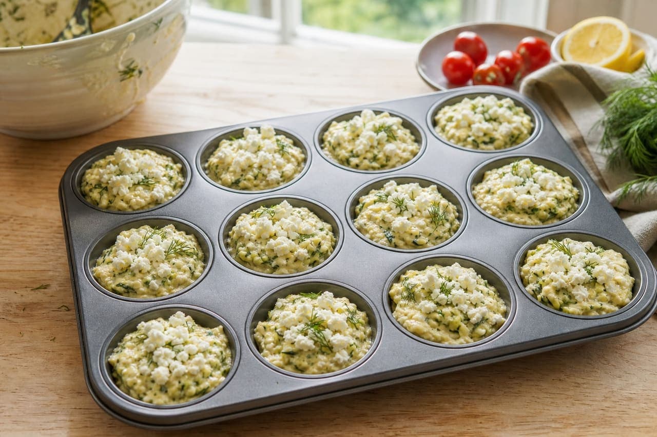 Golden Courgette Feta Breakfast Muffins with Dill and Tomato cooking step 4: Fold and fill.