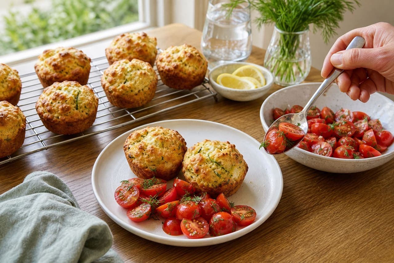 Golden Courgette Feta Breakfast Muffins with Dill and Tomato cooking step 5: Bake and serve.