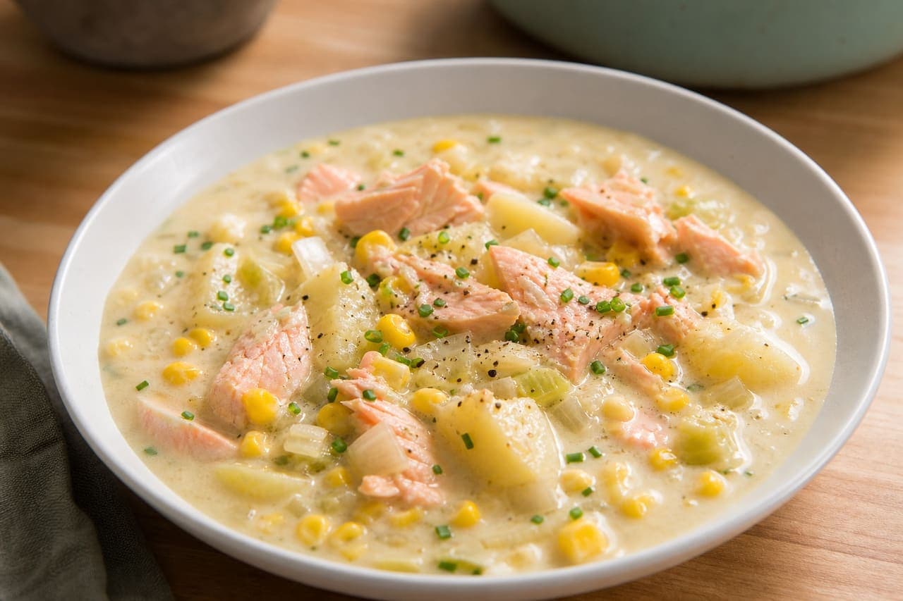 Creamy Salmon Sweetcorn Chowder with Chives.