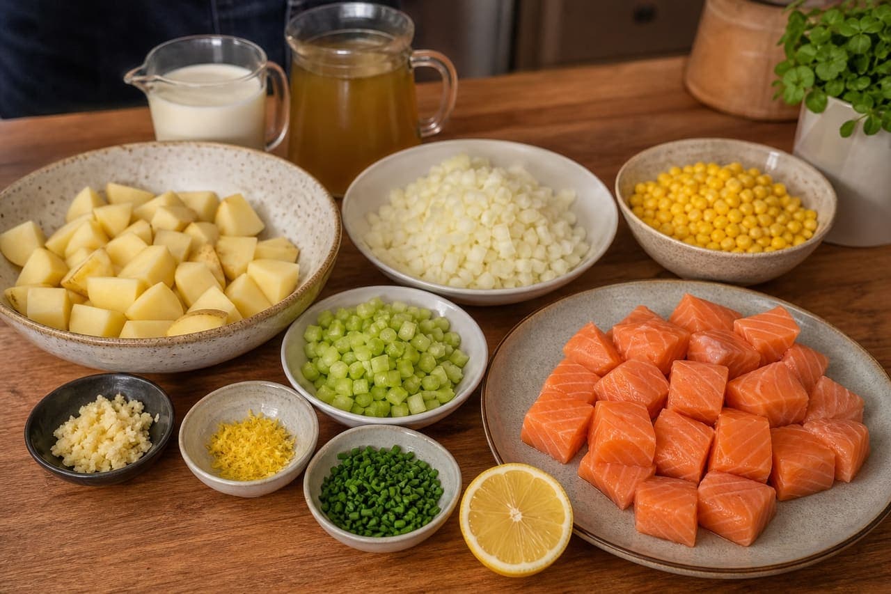 Creamy Salmon Sweetcorn Chowder with Chives cooking step 1: Prepare the chowder base.