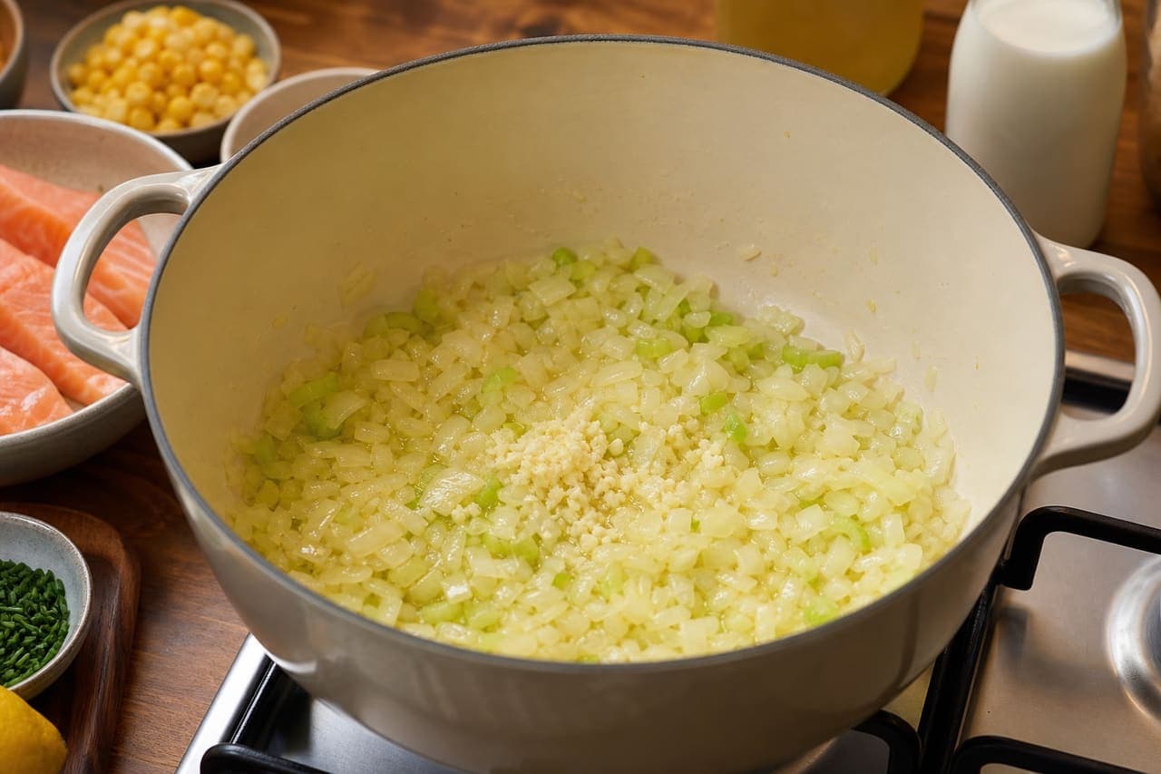 Creamy Salmon Sweetcorn Chowder with Chives cooking step 2: Soften the vegetables.