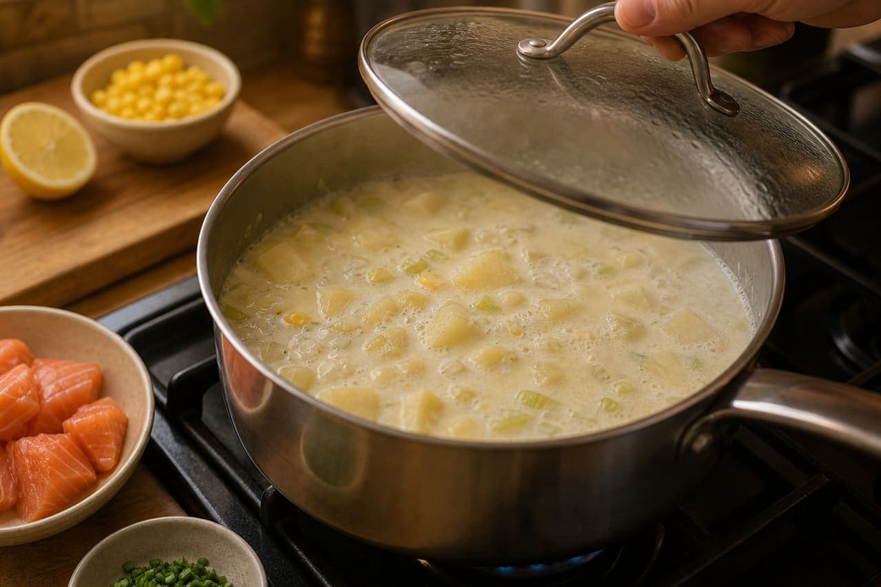Creamy Salmon Sweetcorn Chowder with Chives cooking step 3: Simmer the potatoes.