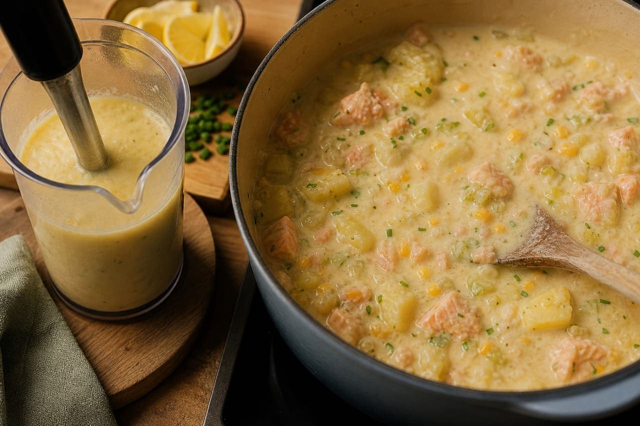 Creamy Salmon Sweetcorn Chowder with Chives cooking step 4: Thicken the chowder.