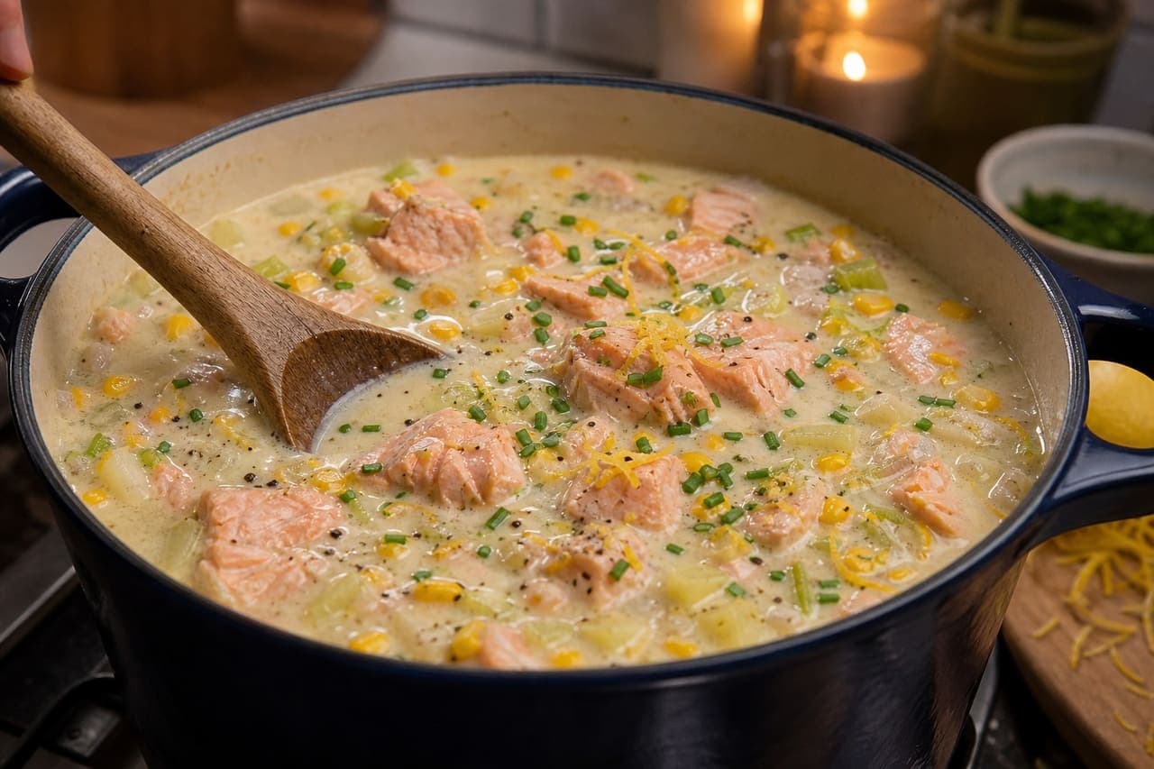 Creamy Salmon Sweetcorn Chowder with Chives cooking step 5: Poach the salmon and sweetcorn.