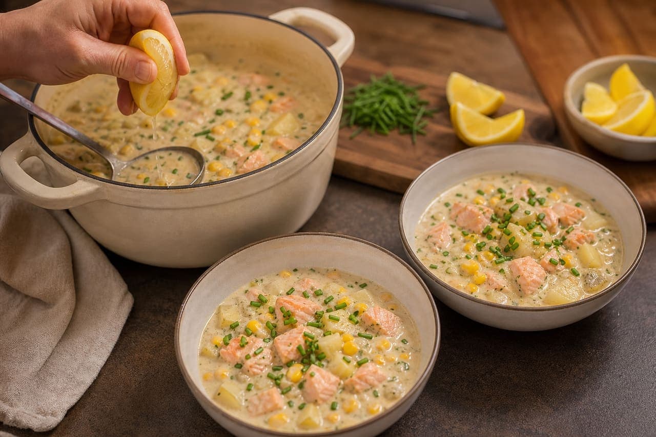 Creamy Salmon Sweetcorn Chowder with Chives cooking step 6: Brighten and serve.