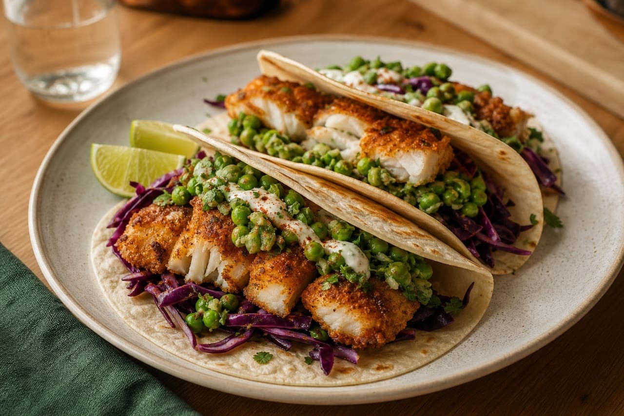 Crispy Cod Tacos with Lime Pea Salsa.