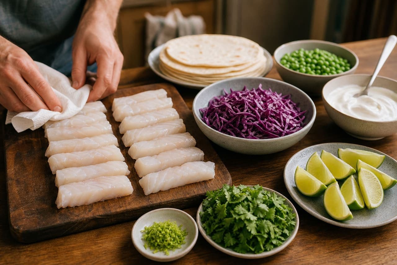 Crispy Cod Tacos with Lime Pea Salsa cooking step 1: Prepare the taco fillings.