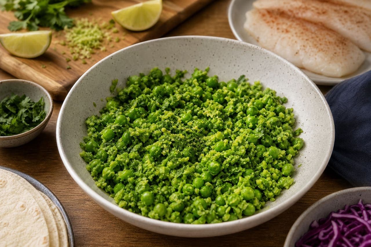 Crispy Cod Tacos with Lime Pea Salsa cooking step 2: Make the pea salsa.