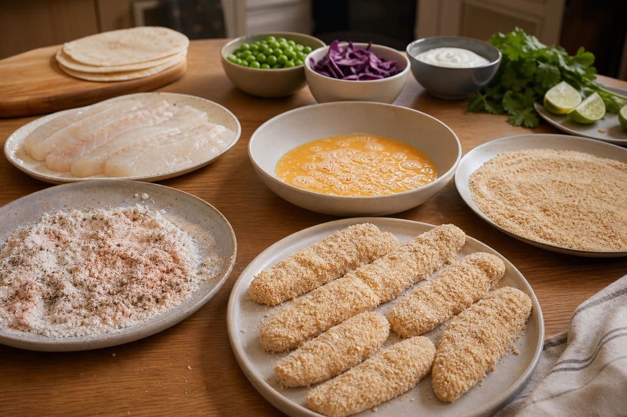 Crispy Cod Tacos with Lime Pea Salsa cooking step 3: Crumb the cod.