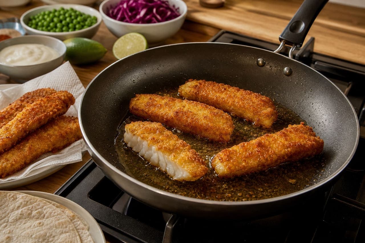 Crispy Cod Tacos with Lime Pea Salsa cooking step 4: Fry the fish.