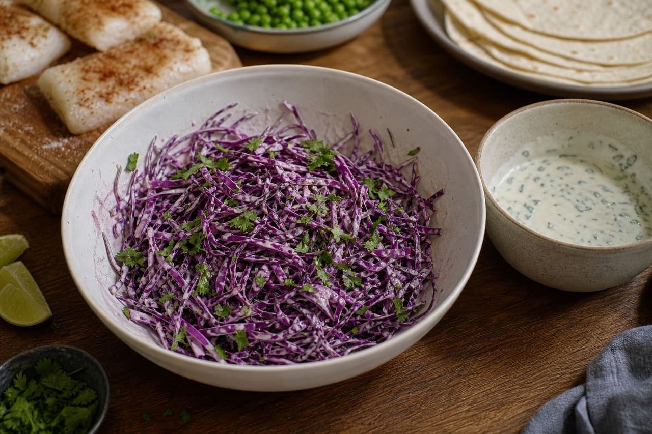Crispy Cod Tacos with Lime Pea Salsa cooking step 5: Dress the cabbage.
