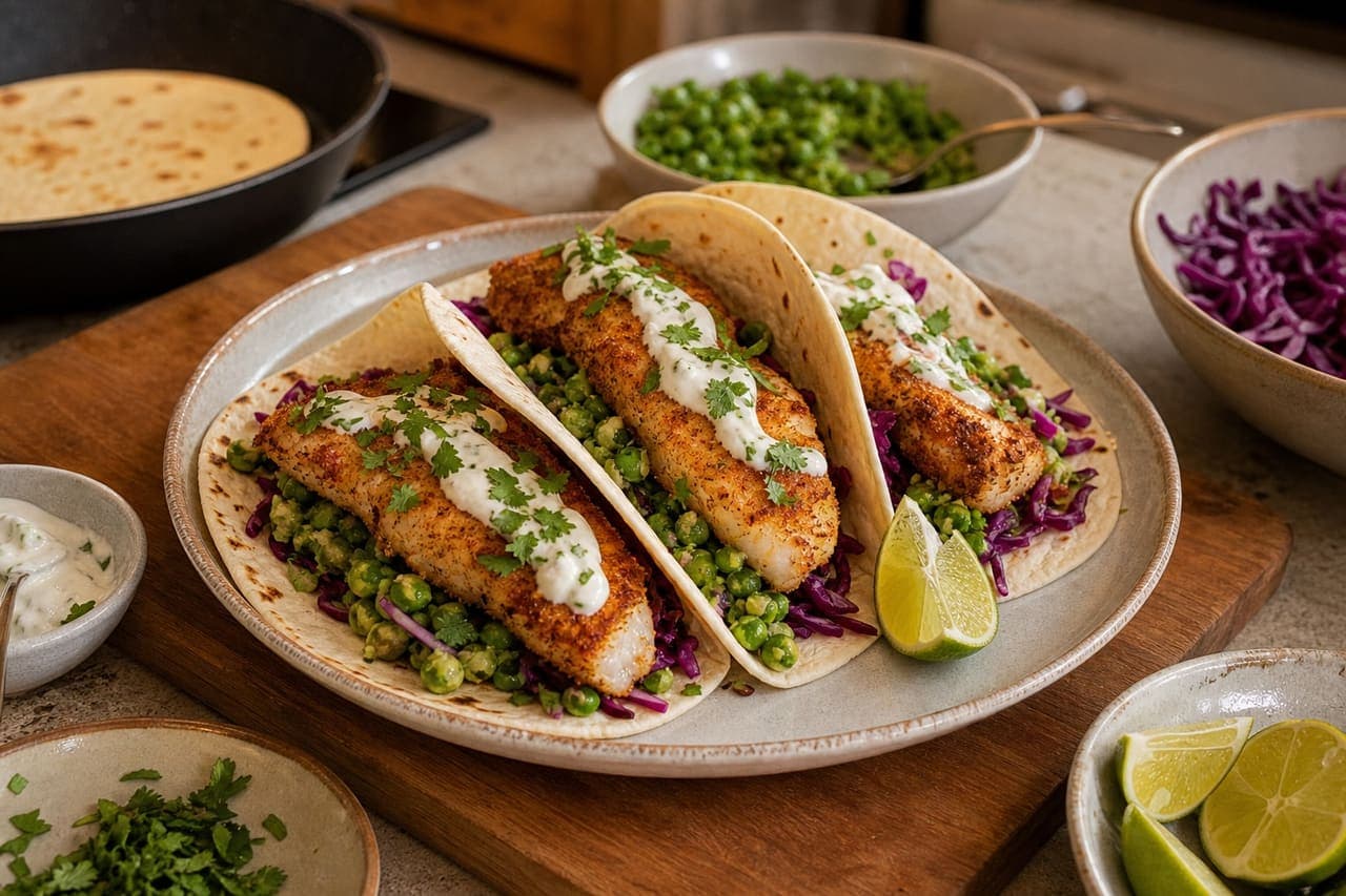 Crispy Cod Tacos with Lime Pea Salsa cooking step 6: Warm and fill the tacos.