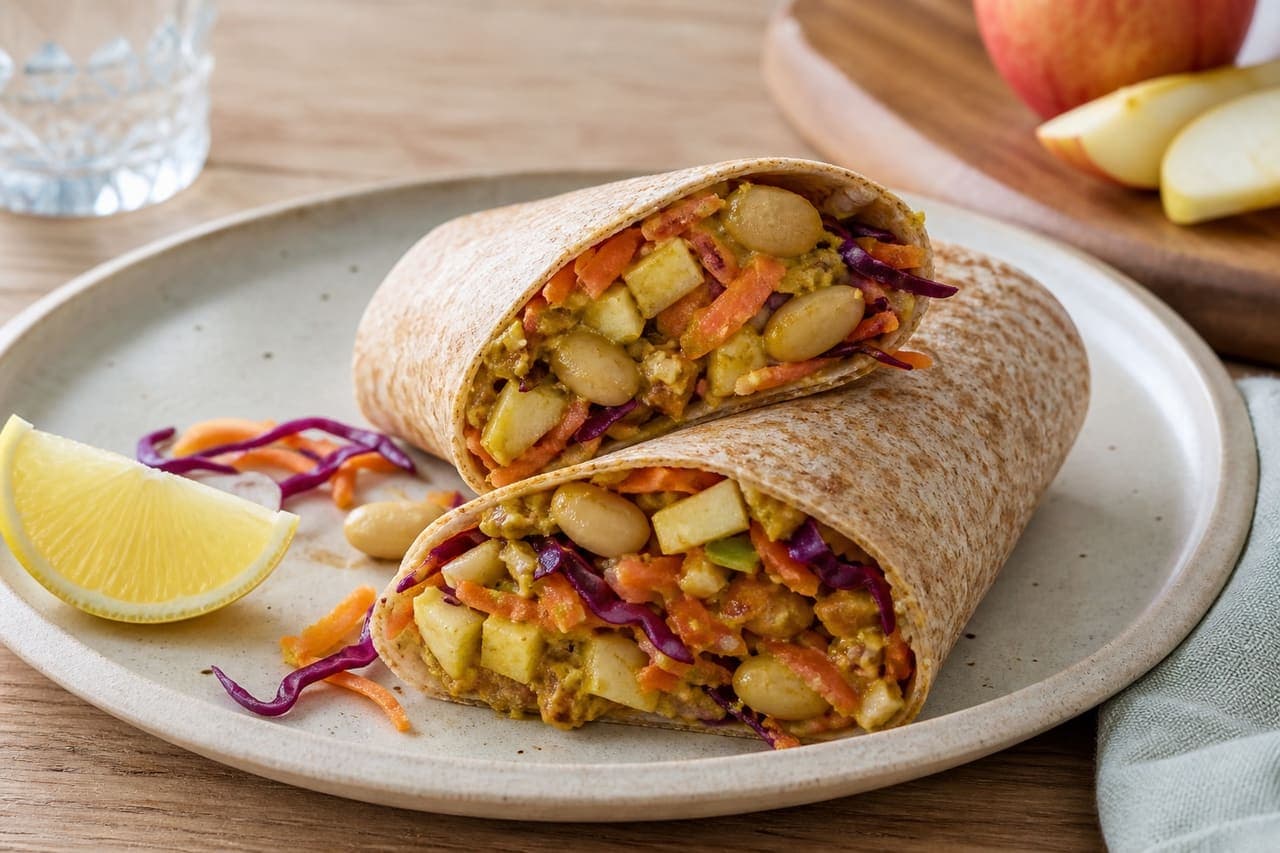 Curried Butter Bean Apple Wraps with Crunchy Carrot Slaw.