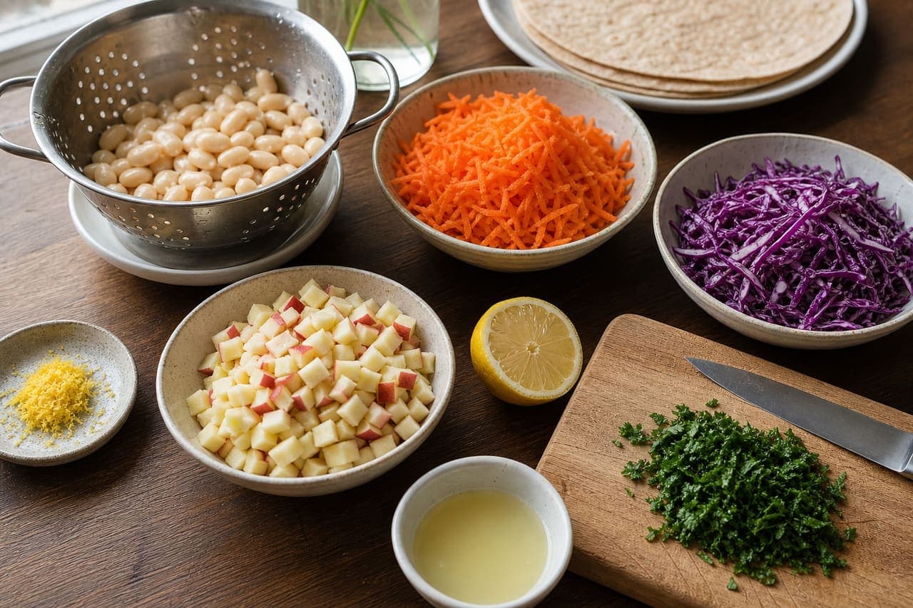 Curried Butter Bean Apple Wraps with Crunchy Carrot Slaw cooking step 1: Prepare the filling.