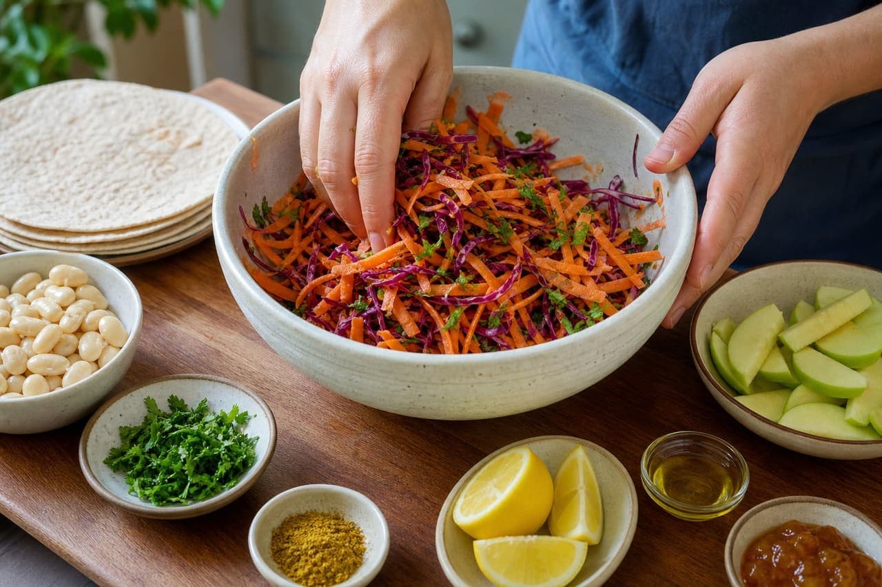 Curried Butter Bean Apple Wraps with Crunchy Carrot Slaw cooking step 2: Mix the crunchy slaw.