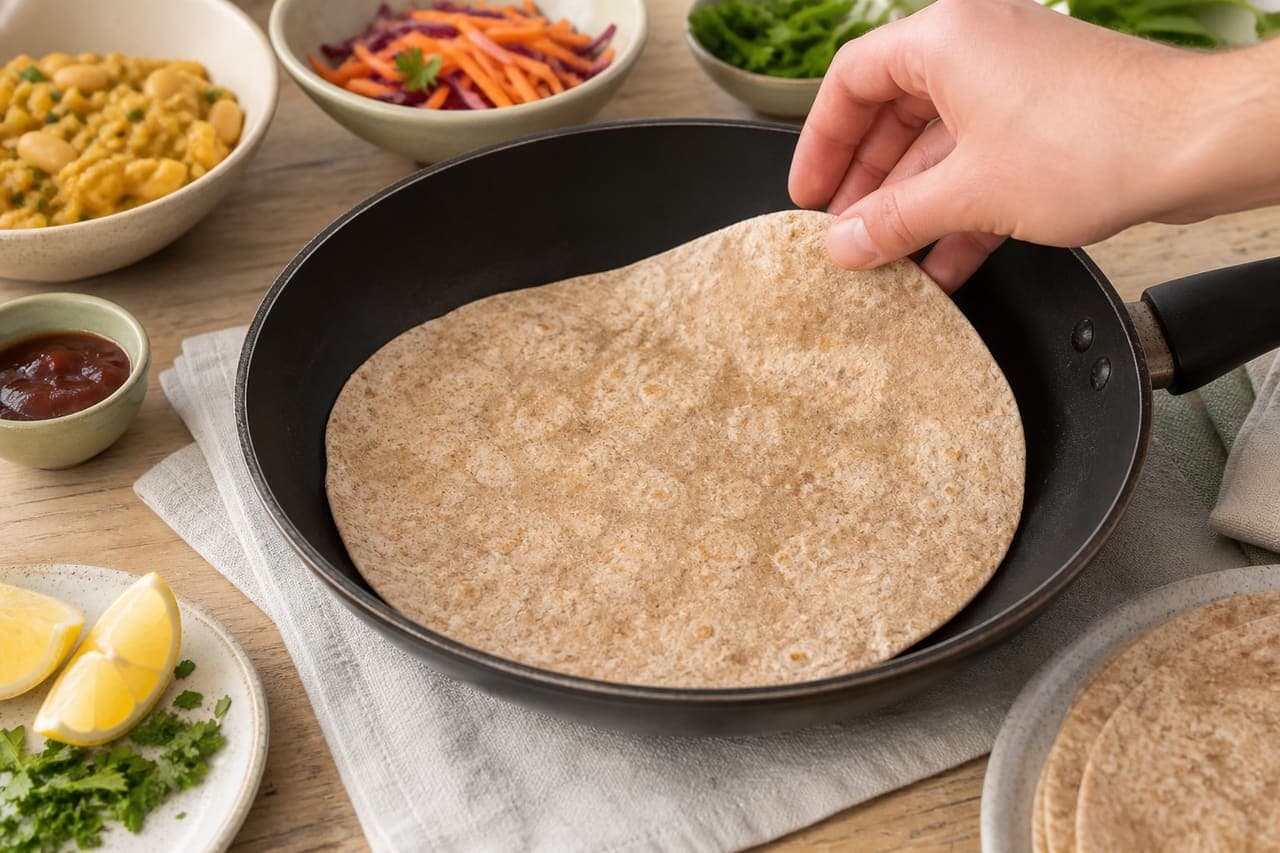 Curried Butter Bean Apple Wraps with Crunchy Carrot Slaw cooking step 5: Warm the wraps.