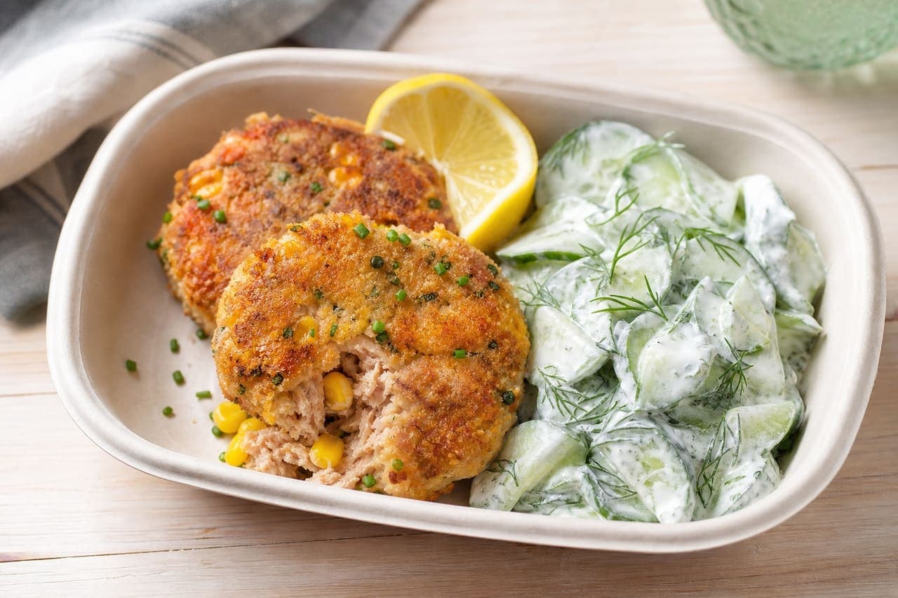 Golden Tuna Sweetcorn Fishcakes with Cucumber Dill Salad.