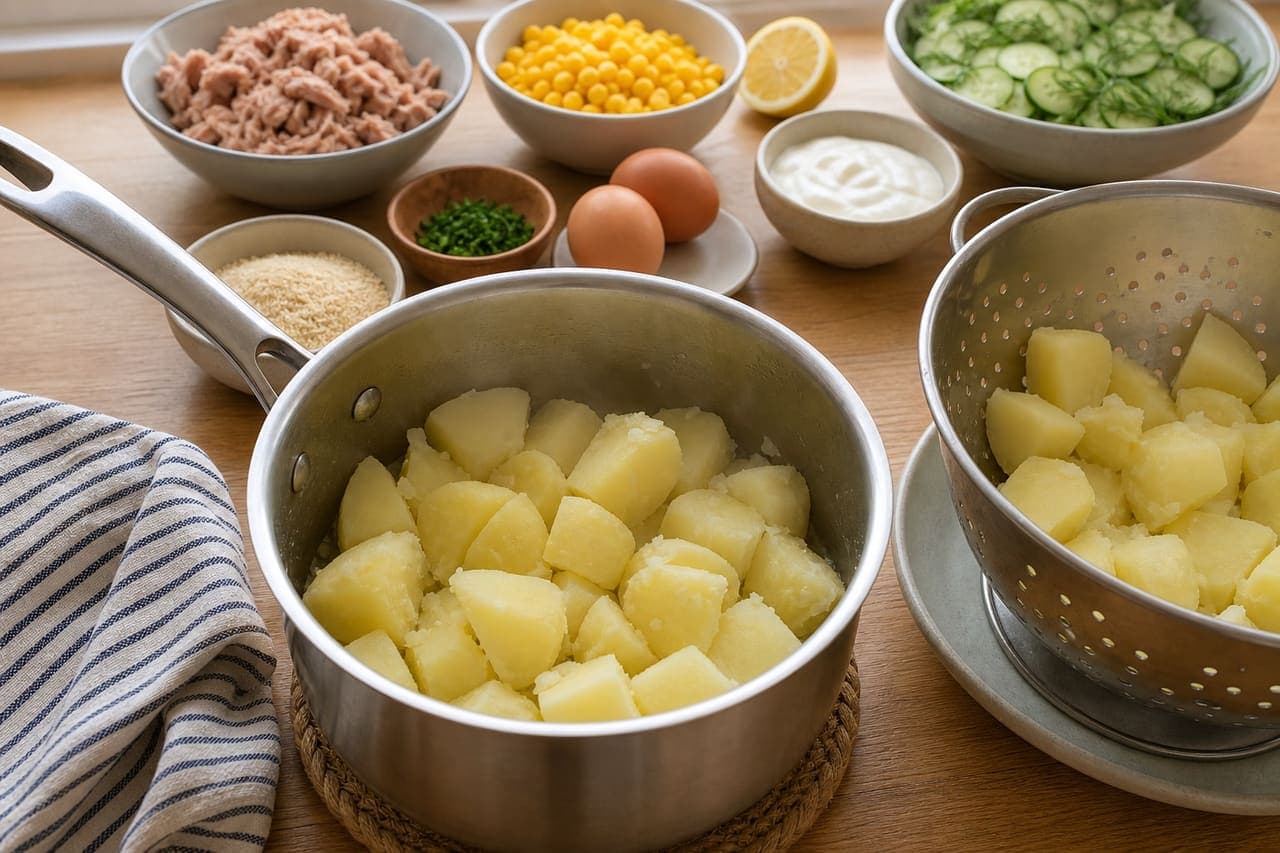 Golden Tuna Sweetcorn Fishcakes with Cucumber Dill Salad cooking step 1: Boil the potatoes.