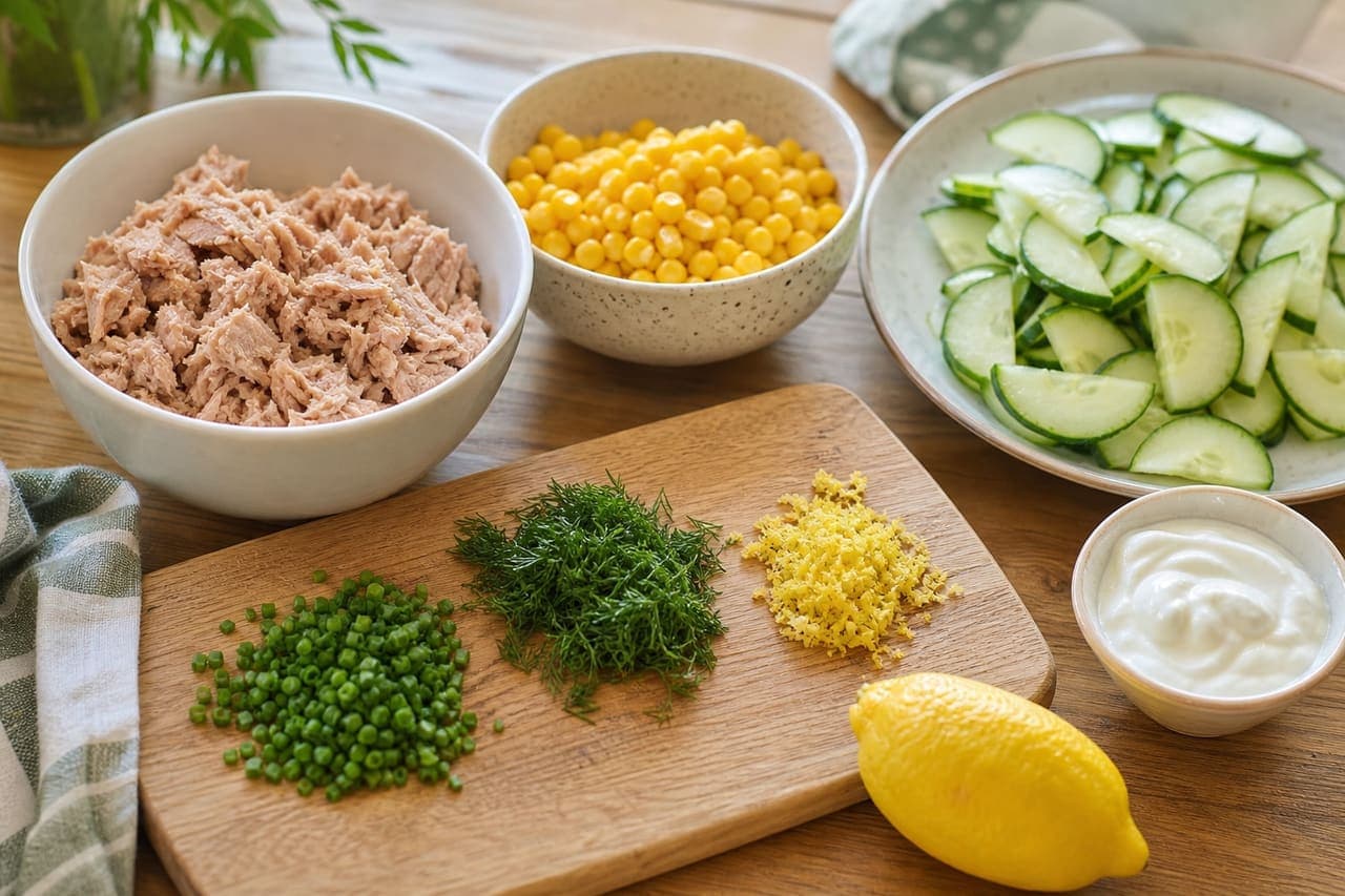 Golden Tuna Sweetcorn Fishcakes with Cucumber Dill Salad cooking step 2: Prepare the fillings.