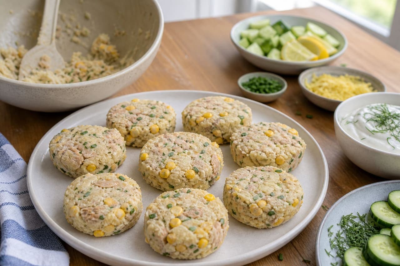 Golden Tuna Sweetcorn Fishcakes with Cucumber Dill Salad cooking step 3: Shape the fishcakes.
