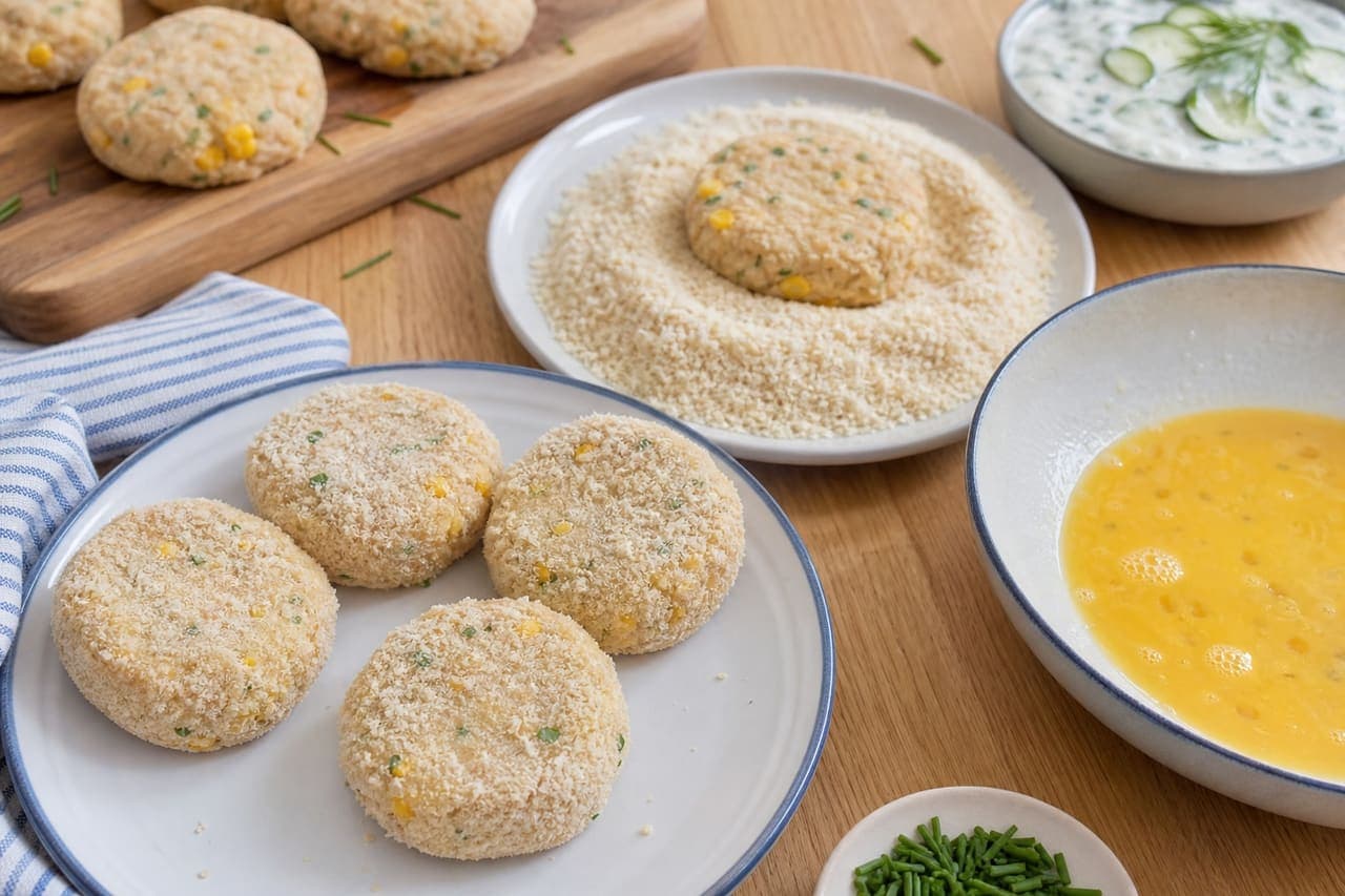 Golden Tuna Sweetcorn Fishcakes with Cucumber Dill Salad cooking step 4: Crumb the fishcakes.