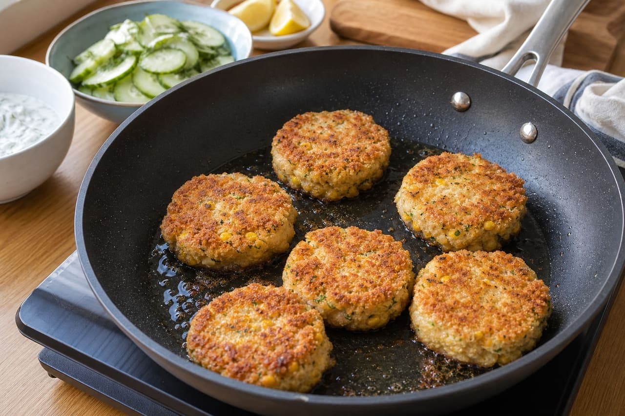 Golden Tuna Sweetcorn Fishcakes with Cucumber Dill Salad cooking step 5: Fry until golden.