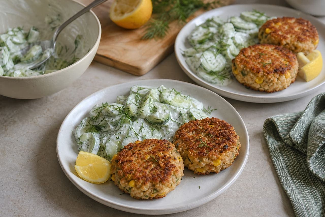 Golden Tuna Sweetcorn Fishcakes with Cucumber Dill Salad cooking step 6: Make the dill salad.