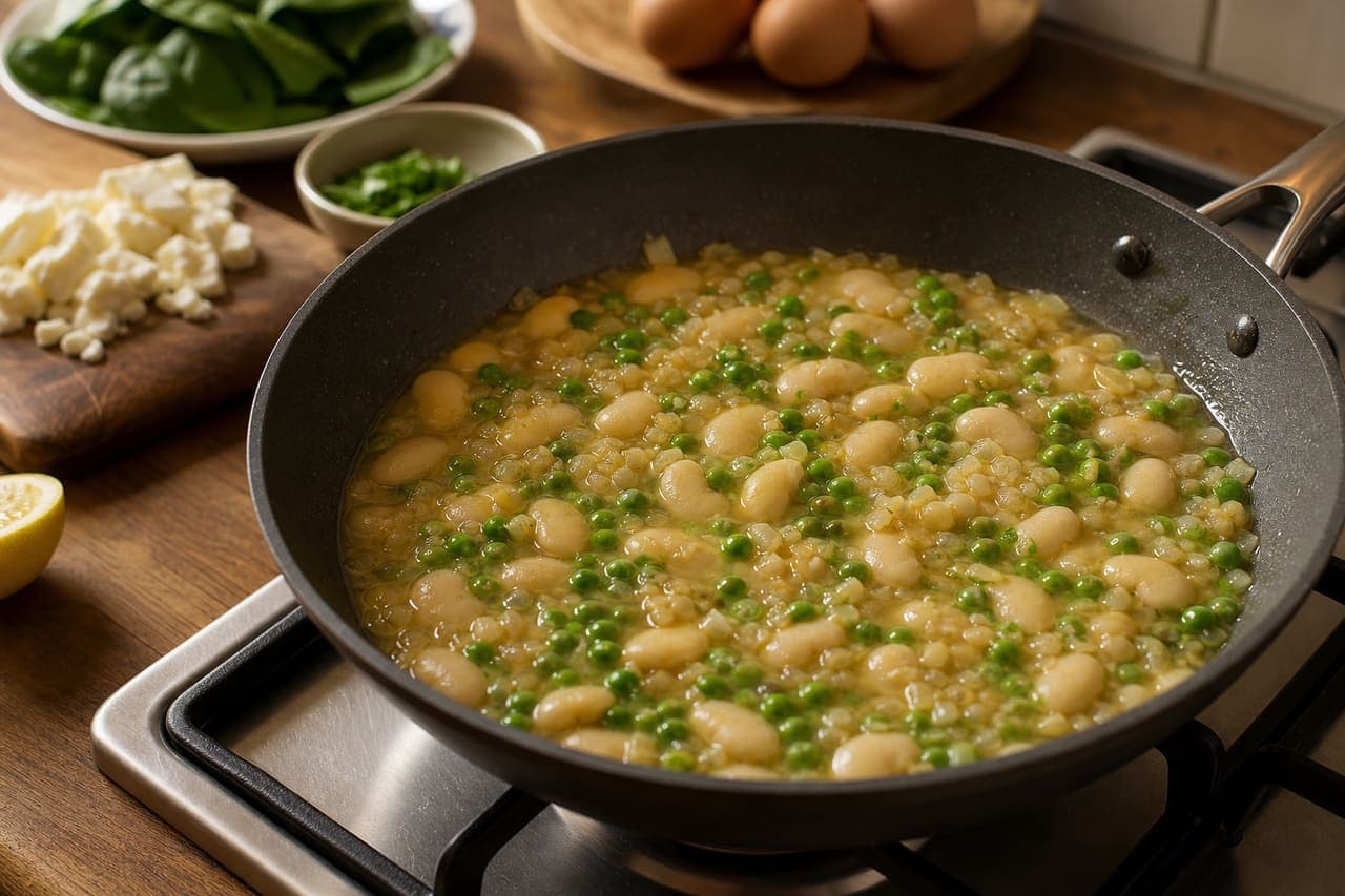 Green Butter Bean Shakshuka with Spinach and Feta cooking step 3: Simmer the beans and peas.